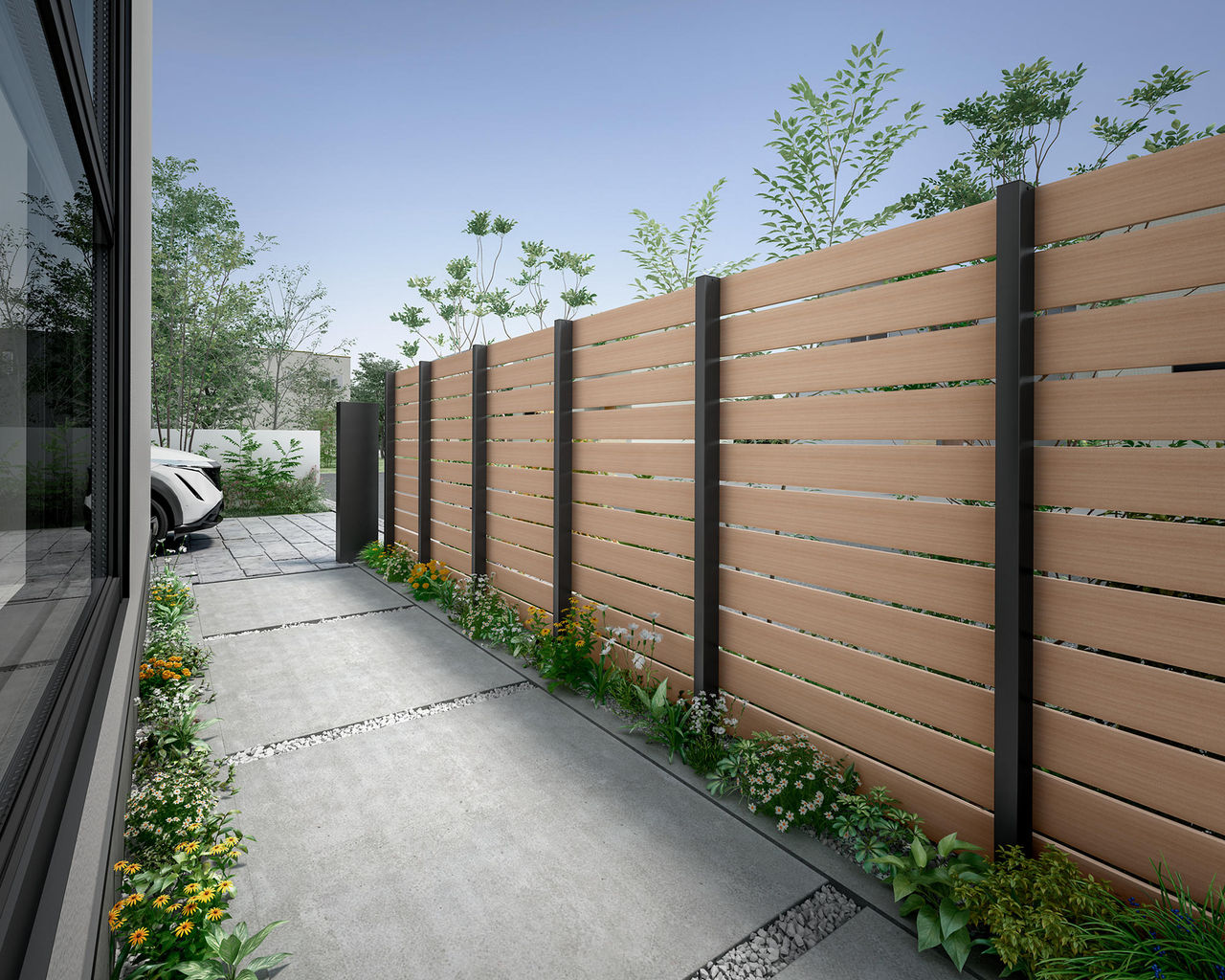 フェンスAW_T-18_ライトウッドW＋柱：ブラック_施工例